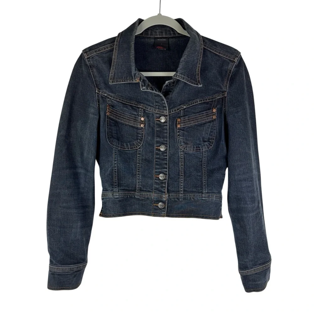 FUBU Blue Denim Snap Front 2 Chest Pockets Cropped Jean Jacket Women's Small‎